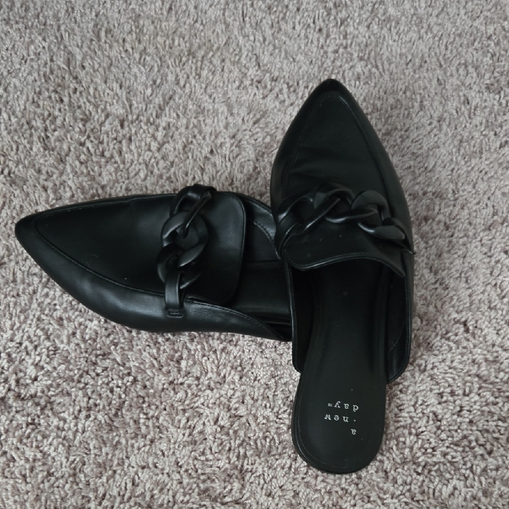 a new day Black Pointed Slip-On Mules with Chain Accent